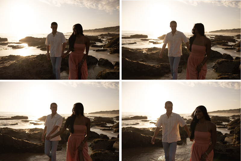 Couple standing on rocky beach at golden hour in four sequential poses.