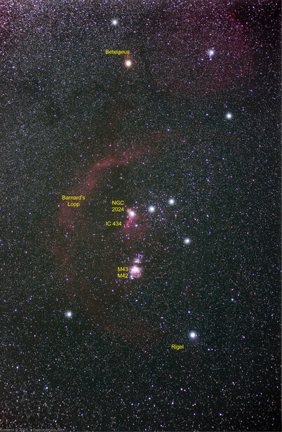 Deep-sky astrophotography showing nebulosity and star clusters with yellow annotation labels.