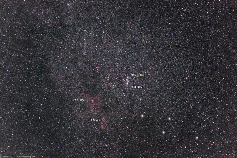 Deep-sky astrophotography image showing star field with labeled nebulae and clusters including IC 1848 and NGC 663.