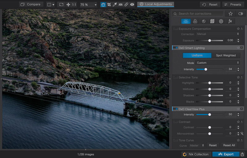 Screenshot of photo editing software showing a bridge over water with adjustment panels open on the right side.