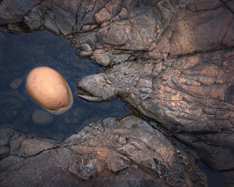 Smooth brown stone or egg-shaped object floating in shallow water surrounded by textured rock formations.