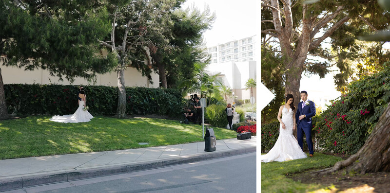 Bride and groom pose together under a large tree during outdoor wedding portrait session.