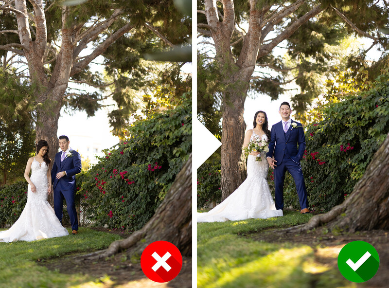 Wedding photography comparison showing bride and groom positioning under large tree, with poor composition on left marked with X and improved framing on right marked with checkmark.