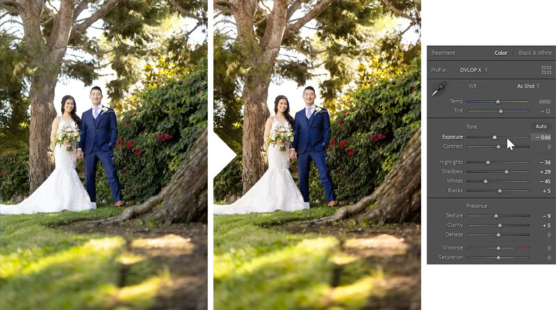 Before and after wedding portrait comparison showing editing adjustments in post-processing software.