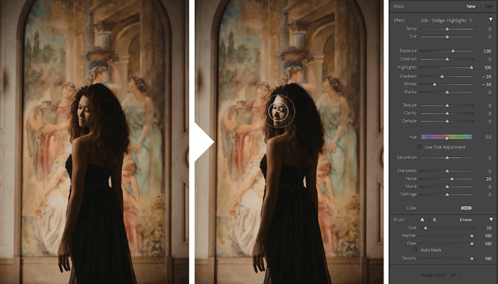 Woman in black dress with long dark hair standing before ornate painted wall backdrop, before and after editing comparison.