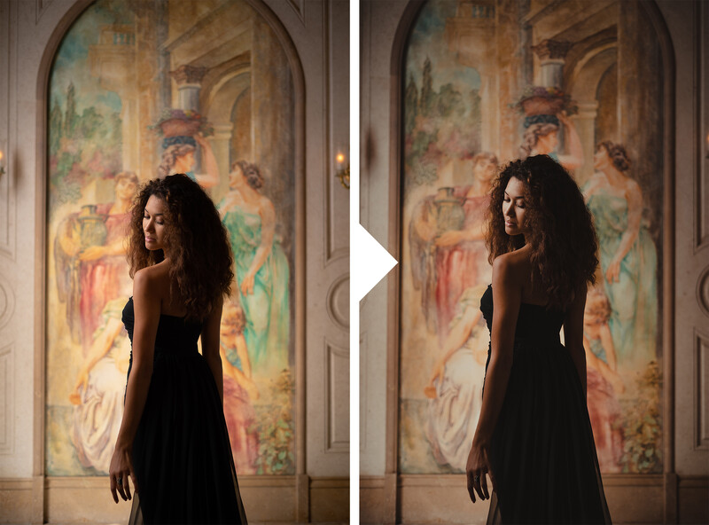 Woman in black dress posed against ornate fresco backdrop, shown in two slightly different poses side by side.