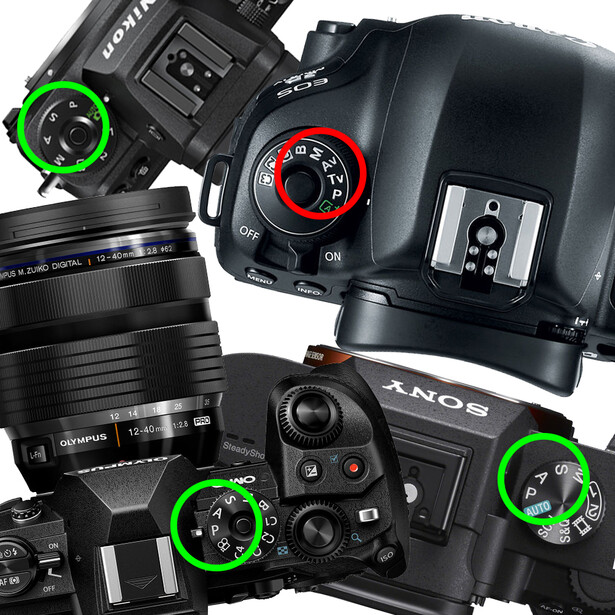 Collection of professional cameras and lenses arranged overhead with green and red circular focus indicators.