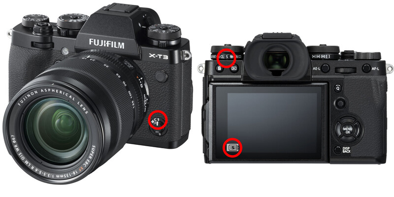 Fujifilm X-T3 mirrorless camera shown from front and back views with kit lens attached.