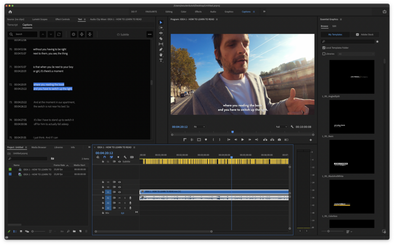 Screenshot of video editing software with timeline showing color-graded footage of a man outdoors.