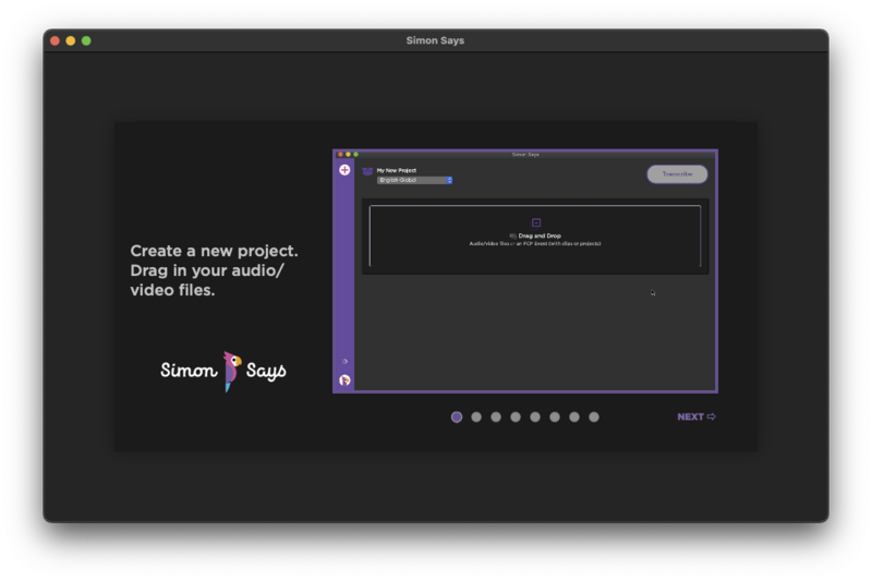 Screenshot of Simon Says audio editing software showing project creation interface with drag-and-drop instructions.