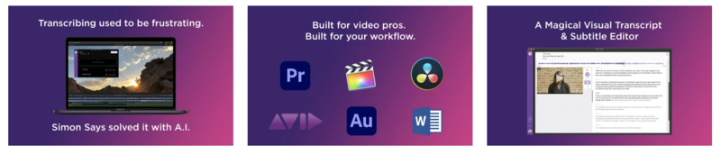 Three marketing graphics showing video editing and transcription software solutions on purple backgrounds.
