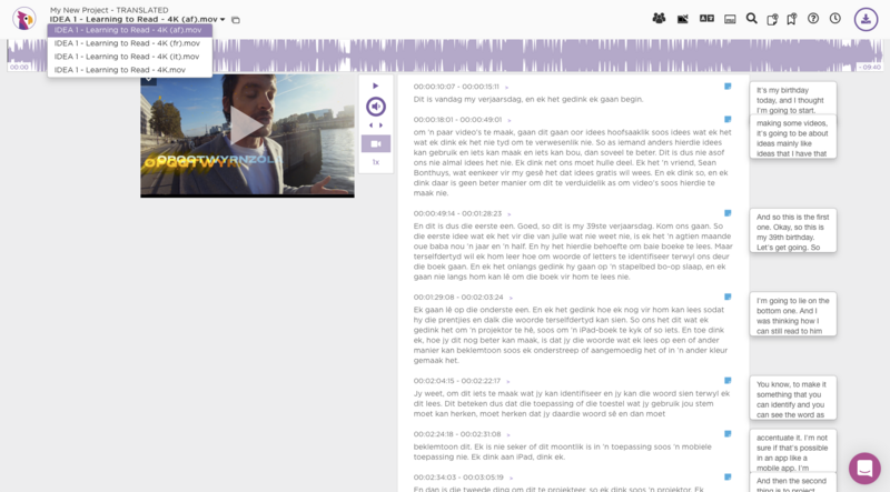 Screenshot of audio editing software showing waveform timeline with video player and transcribed text comments.