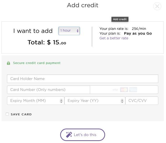 Screenshot of a credit card payment form showing a $15 purchase option with secure payment fields.