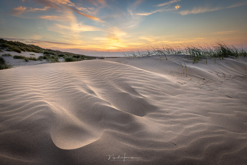 Sand dunes with rippled texture at sunset, golden sky with clouds reflected in wet sand.