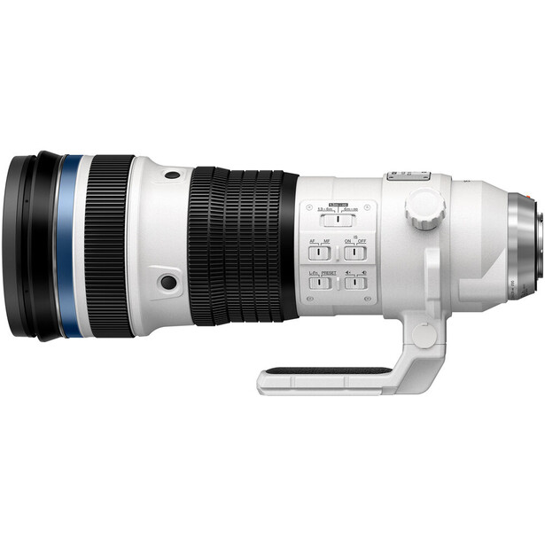 White telephoto lens with black barrel, control rings, and tripod foot mounted on white background.