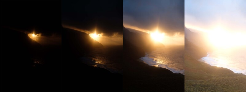 Four progressive exposures of a coastal sunset, from underexposed silhouette to bright, blown-out highlights.