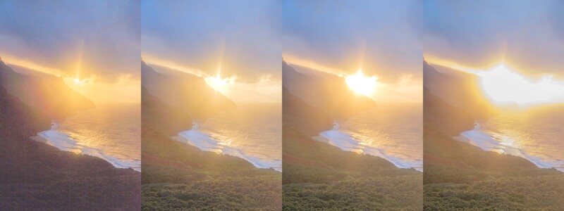 Four progressive exposures of coastal cliffs at sunrise with golden light reflecting off the ocean below.