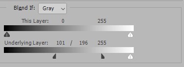 Screenshot of Blend If dialog showing Gray channel with tone range sliders for current and underlying layers.