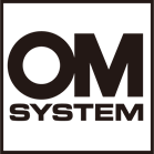 Logo for OM System, featuring bold black letters OM with SYSTEM text below in a square frame.