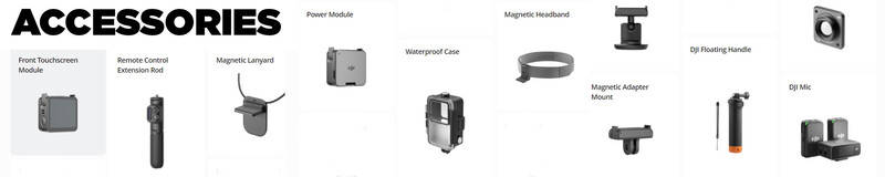 Graphic showing 11 DJI drone accessories including touchscreen module, remote control extension rod, magnetic lanyard, power module, waterproof case, magnetic headband, floating handle, magnetic adapter mount, and microphone with batteries.