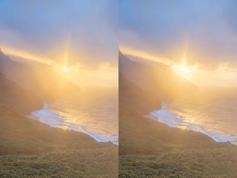 Coastal cliff with breaking waves at sunrise, golden light illuminating misty atmosphere.