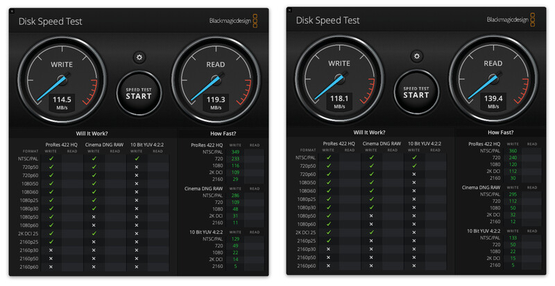 Screenshot of disk speed test results showing write and read performance metrics with gauge displays.