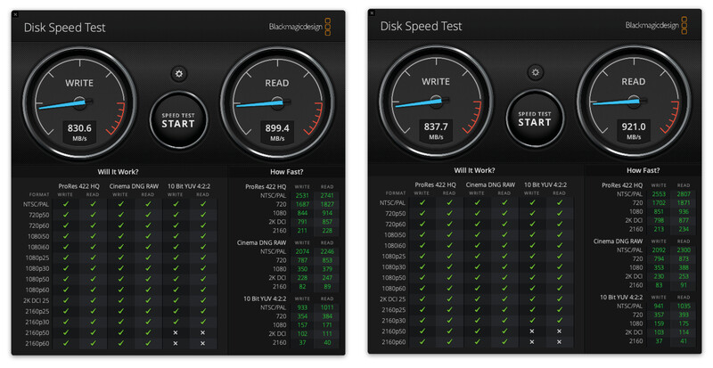 Screenshot of two disk speed test results showing write and read speeds in MB/s with performance benchmarks.