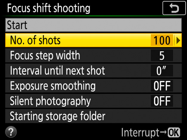 Screenshot of focus shift shooting menu settings on a camera display.