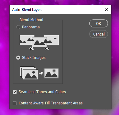 Screenshot of Auto-Blend Layers dialog box showing Panorama and Stack Images blend method options.