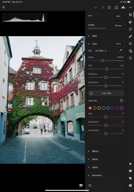 Screenshot of photo editing software showing a European street with ivy-covered building and archway.