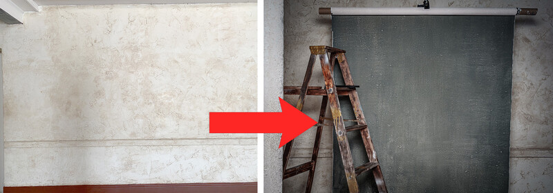 Before and after comparison of a wall renovation, with a ladder positioned against the right side where a dark surface has been installed.