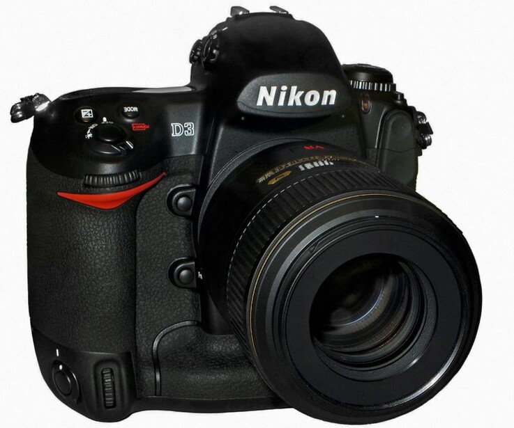 Nikon D3 DSLR camera with attached prime lens, shown from front-right angle against white background.