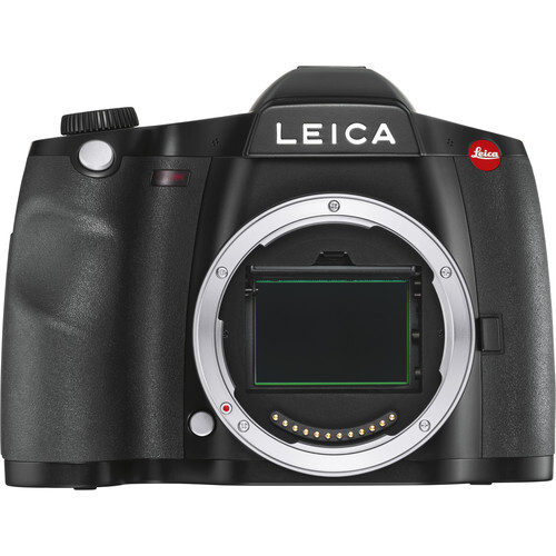 Leica S mirrorless camera body with open sensor cavity and electronic contacts visible.