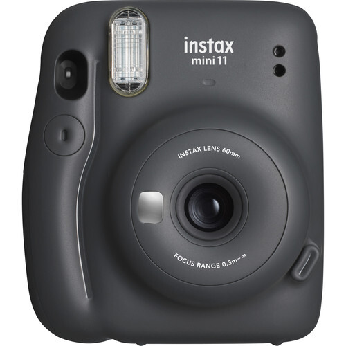 Fujifilm Instax Mini 11 instant camera in charcoal gray with built-in flash and focus range indicator visible.