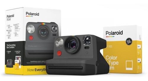 Polaroid Now+ instant camera with packaging and film boxes displayed together.