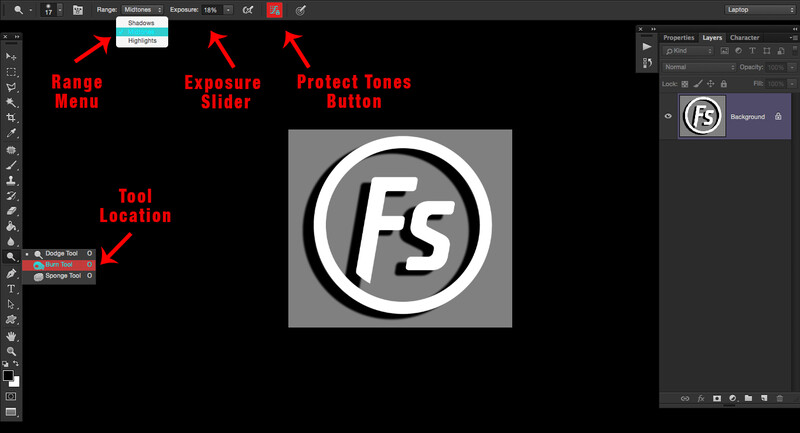 Screenshot of Photoshop interface showing Range Menu, Exposure Slider, Protect Tones Button, and Tool Location with an Fstoppers logo displayed in the canvas.