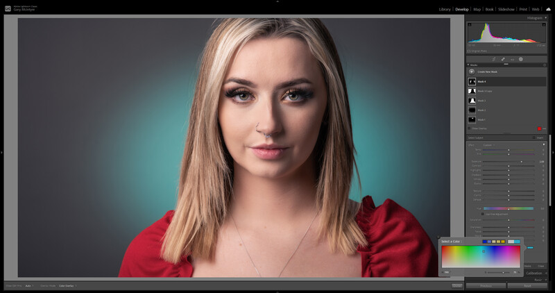 Screenshot of portrait editing software showing a woman with blonde hair wearing a red shirt against a teal background.