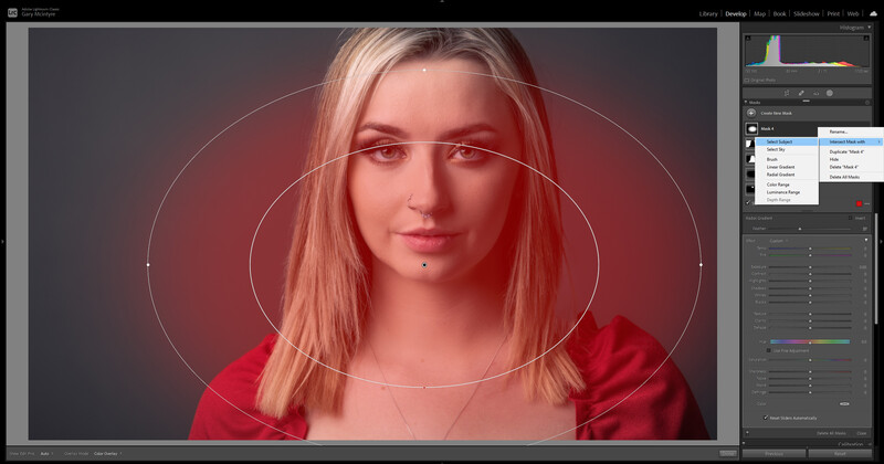 Portrait of a woman with long blonde hair wearing a red top, with geometric circle overlays in a photo editing software interface.