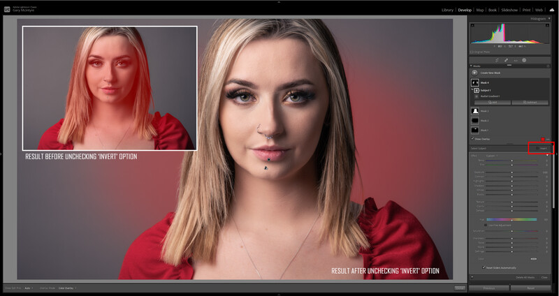 Screenshot of photo editing software showing before and after portrait retouching comparison with warm red tones.