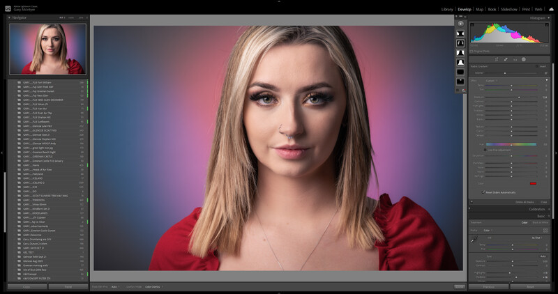 Woman with long blonde hair wearing a red top against a pink and blue gradient background.
