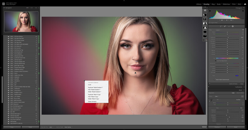 Screenshot of photo editing software showing a portrait of a woman with blonde and pink hair wearing a red top against a gradient background.