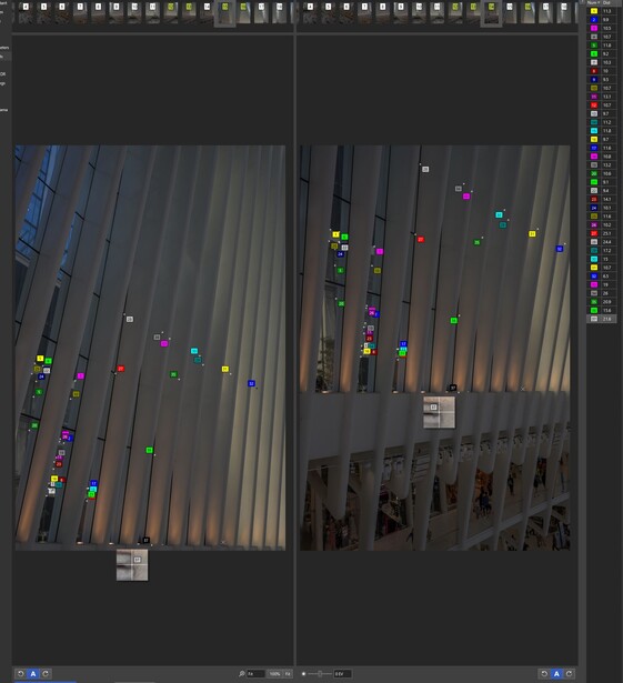 Screenshot of photo editing software displaying aerial view of parked vehicles with color-coded markers.