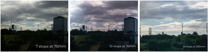 Three side-by-side exposures of an urban landscape showing aperture and focal length effects on depth of field and composition.