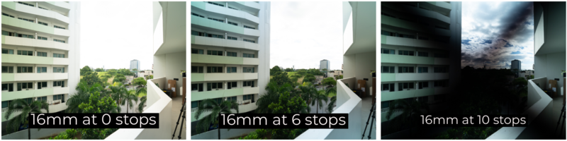 Three side-by-side exposures of an urban residential building and skyline at different aperture settings: f/0, f/6, and f/10.
