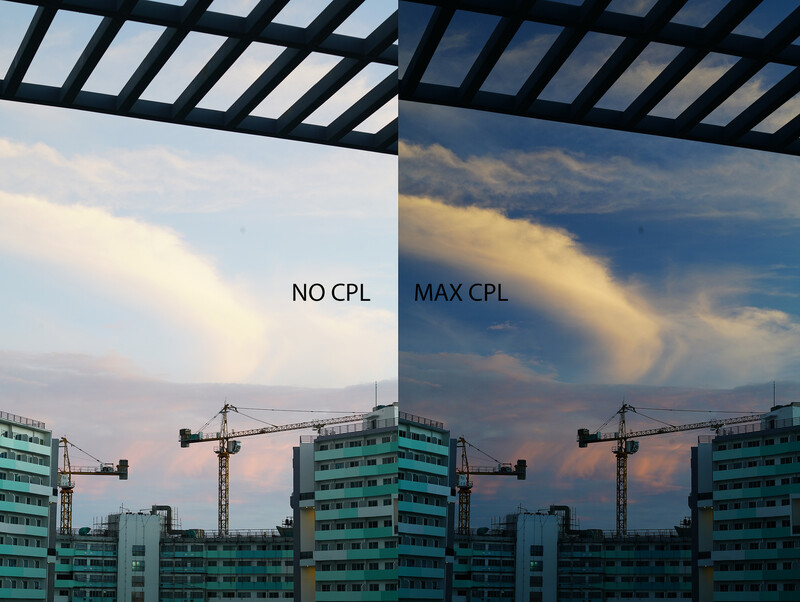 Side-by-side comparison of urban sunset photography with and without circular polarizing filter applied.