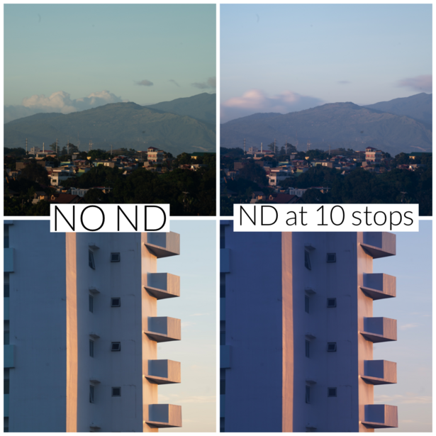 Comparison of mountain landscape photography with and without neutral density filter at 10 stops.