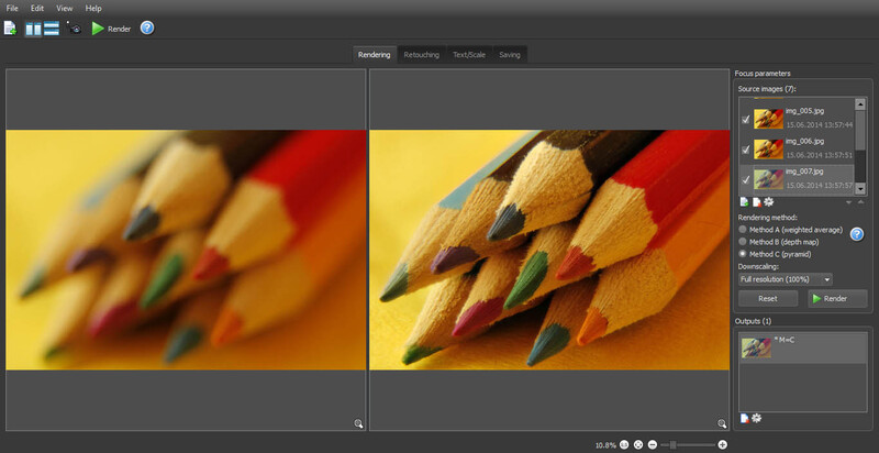 Screenshot of photo editing software comparing before and after versions of colored pencils with selective focus adjustment.