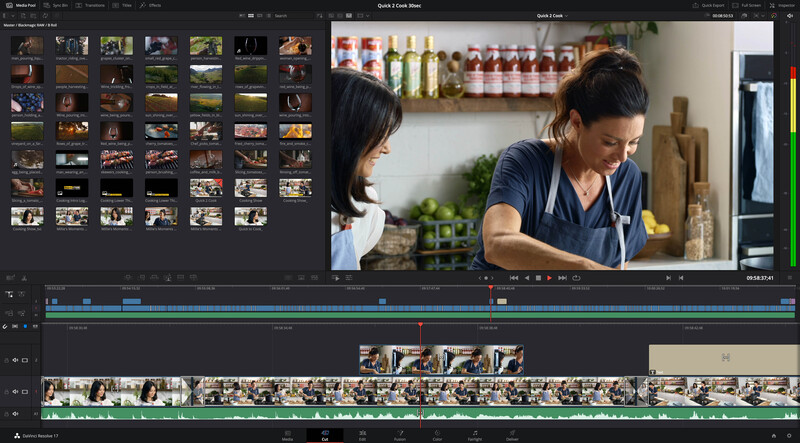 Screenshot of video editing software showing kitchen footage and timeline with color correction adjustments applied.
