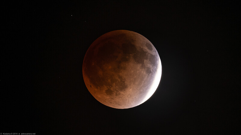 Moon during total lunar eclipse displaying deep reddish-brown coloration across its surface.