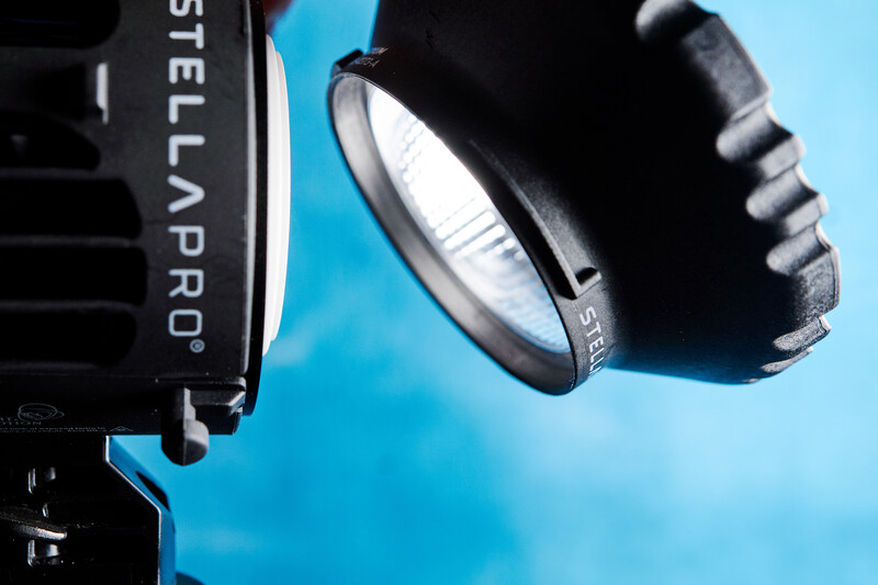 Stellarpro light modifier mounted on studio lighting equipment against blue sky.